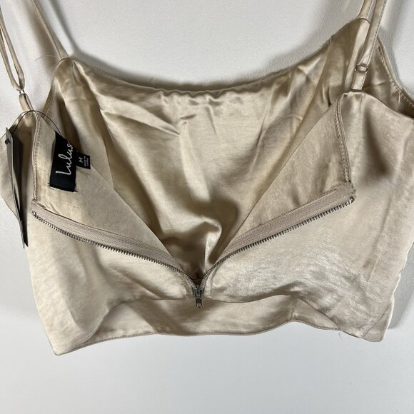 Lulu’s NWT Beige‎ Satin Tie-Strap Cropped Tank Top Size M Zip Up Back - Picture 5 of 8